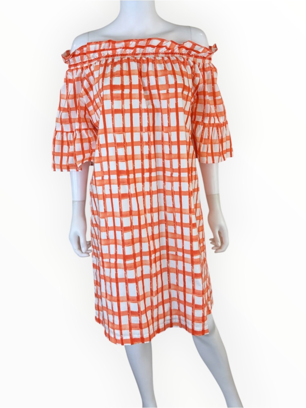 Brooke Wright Orange Plaid Olivia Off-the-Shoulder Dress Size M F1074